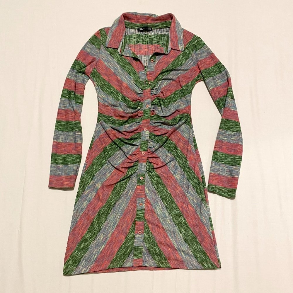 Zara Striped Green Pink Runched Knit Mini Dress Size Small